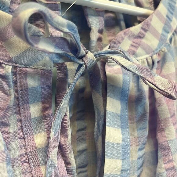 NWT LOFT Large Petite Blouse Puff Sleeve Gingham Pastel Blue Pink LP Tie Spring - Picture 9 of 16